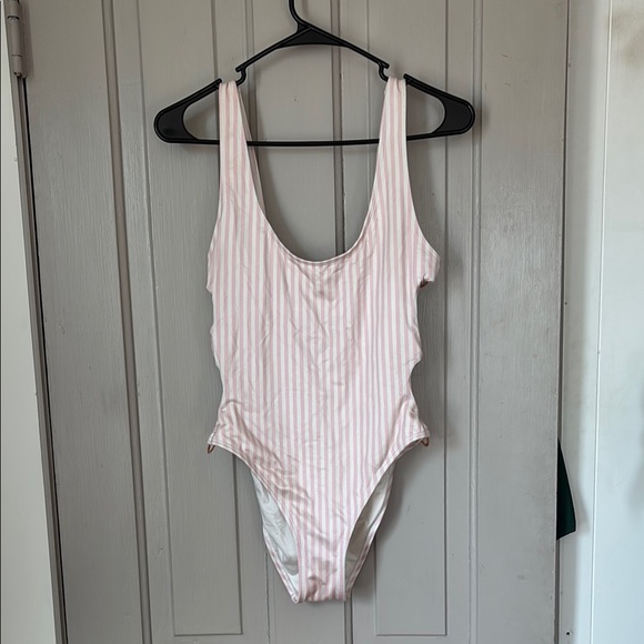Pink and White Striped One-Piece Side Cutouts Swimsuit - Picture 1 of 5